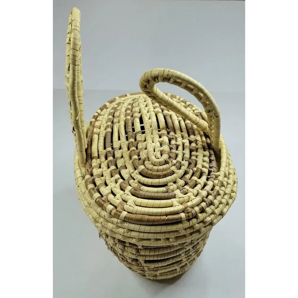 Wrapped Straw Basket Coiled Large Lid Handles Approx 11” X 11” Boho